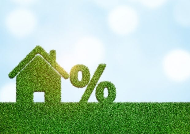 figure of a house and a percentage sign sitting on the grass