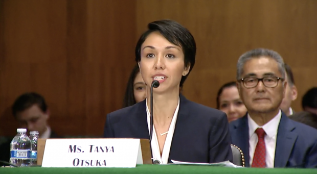 Tanya Otsuka testifying before the Senate Banking Committee on Oct. 19, 2023.