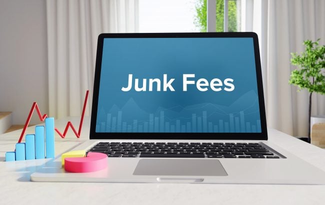 Junk Fees – Statistics/Business. Laptop in the office with term on the display