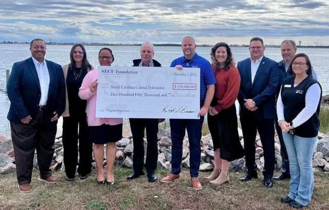 From left to right: Beaufort, N.C., Mayor Sharon Harker; NCCF Executive Director Todd Miller and SECU Vice President Jonathan Godwin with representatives from Carteret Community College, the NCCF board, SECU and the SECU Foundation
