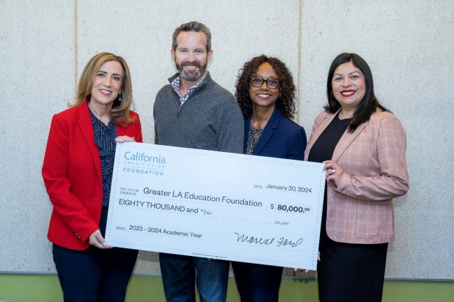 From left to right: Dr. Debra Duardo with the Los Angeles County Superintendent of Schools; California CU President/CEO Steve O'Connell; California Credit Union Foundation President Marvel Ford and Kerry Franco, president and chief deputy of strategic partnerships and innovation for the Greater Los Angeles Education Foundation