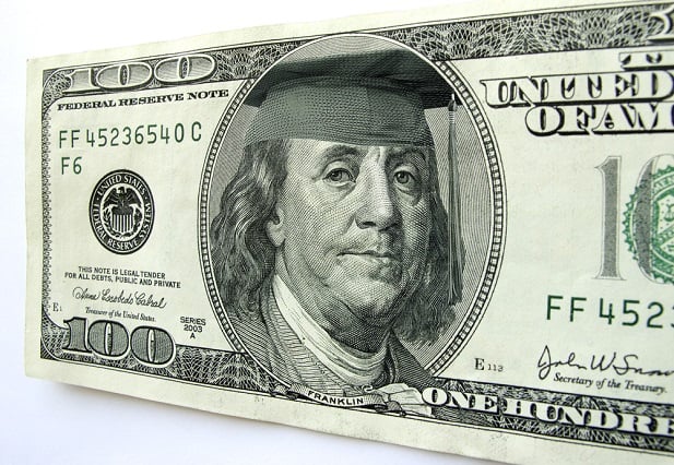 Ben Franklin on US currency wearing mortarboard