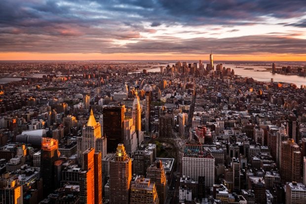 Manhattan skyline at sunset.