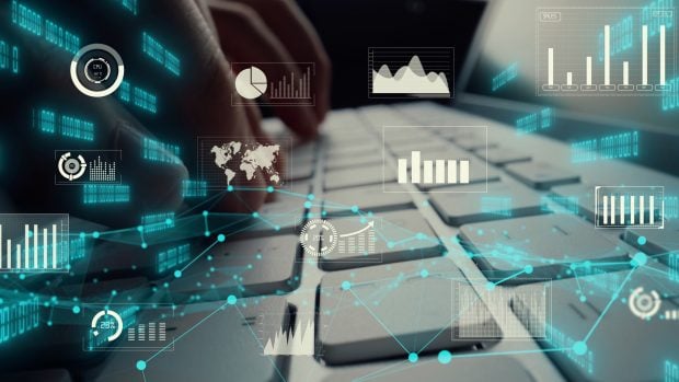 Creative visual of business big data and finance analysis on computer showing concept of statistical investment decision making methodology, fintech and financial engineering .