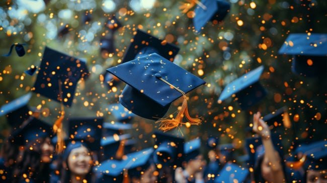 A group of graduates joyfully toss their caps in celebration of their achievement.