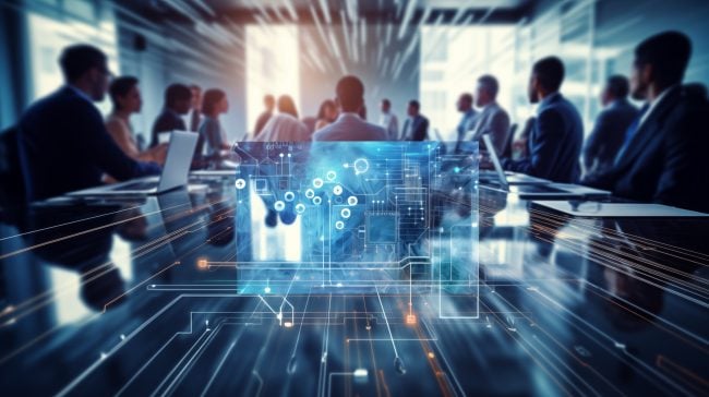 Overhead shot of a tech conference room with integrated AI tools, business technology background, blurred background, with copy space