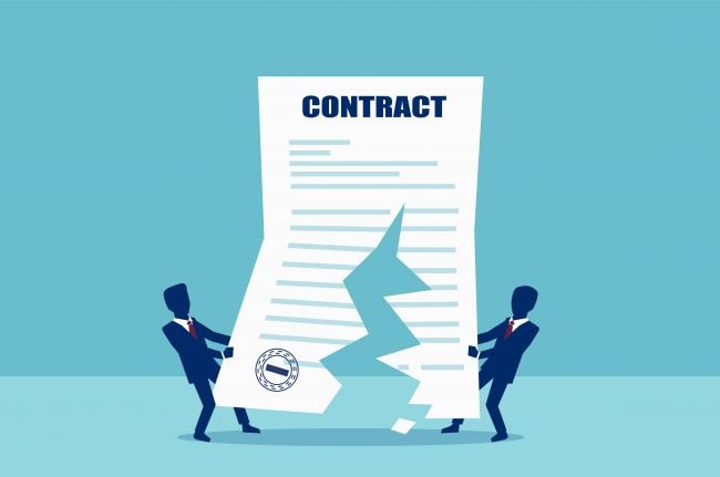 Vector of two business men tearing in half contract agreement