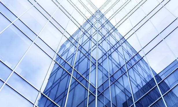 Interior of glass-walled office buildings