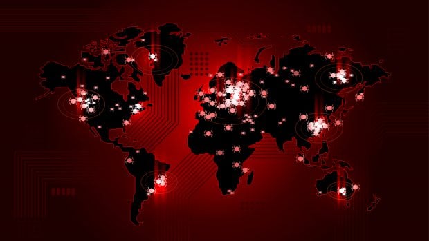 red map of the world highlighting cybersecurity concern hotspots in several locations.
