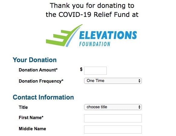 Screenshot of Elevations CU's donation page.