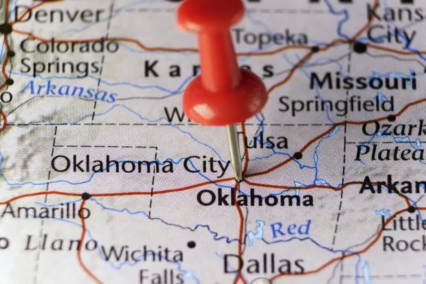 Map of Oklahoma with a pin in it marking Oklahoma City.