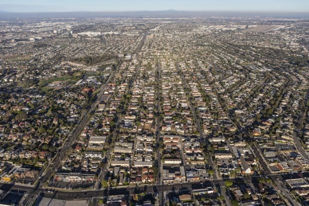 Aerial view of South Bay neighborhoods in Los Angeles County, Calif.