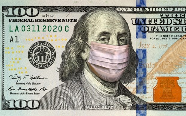 100 dollar bill with a mask on Benjamin Franklin