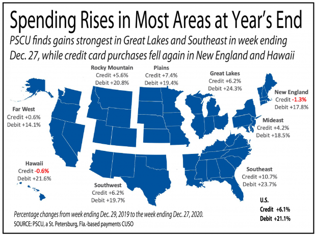 map of U.S. showing holiday spending increased in most regions