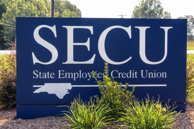 A street sign at a branch of the North Carolina State Employees' Credit Union.