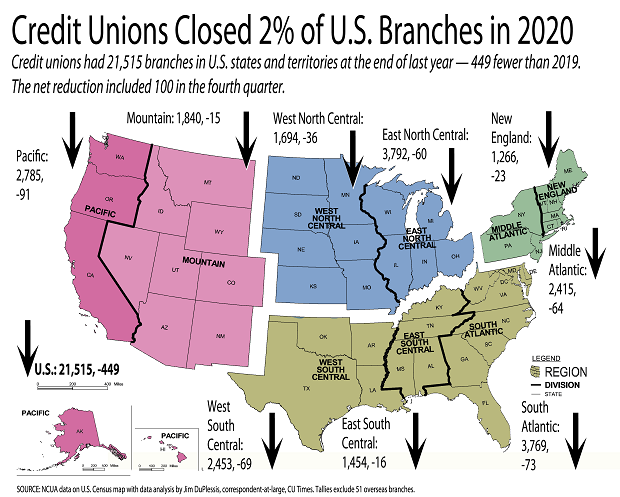 U.S. map showing the decline of credit union branches around the country.