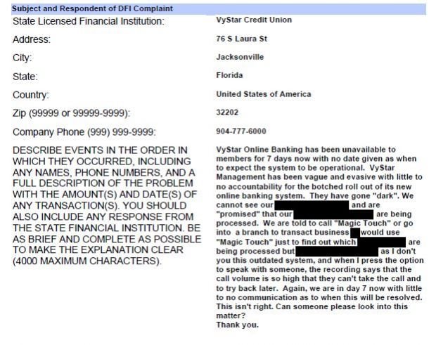 Image of complaint filed with the Florida Office of Financial Regulation by a VyStar Credit Union member.