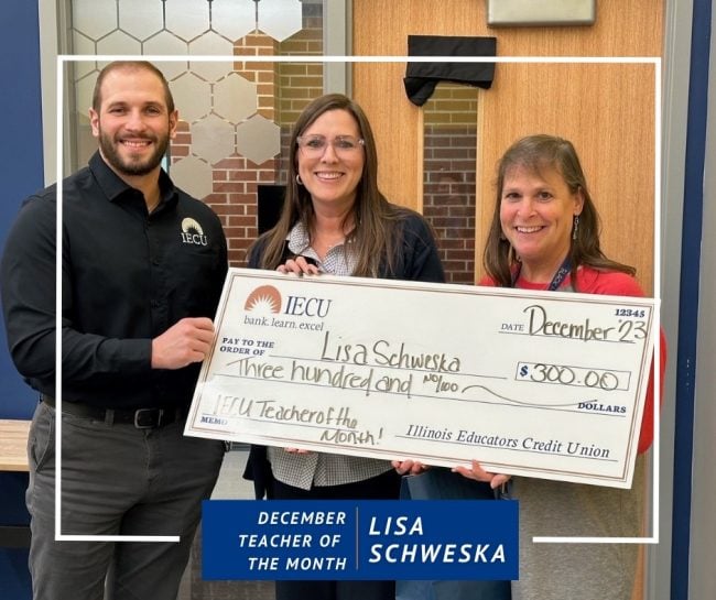 Gallina (left) and his colleague Allison Hetzler present IECU member Lisa Schweska (center) with a check for being voted teacher of the month by her school. (Credit/IECU)