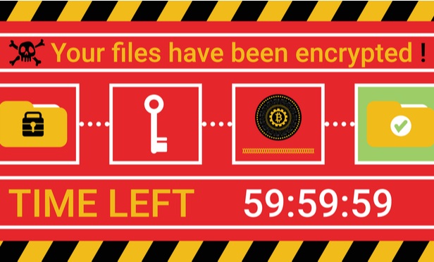 Stylized representation of a ransomeware message that says files have been envrypted