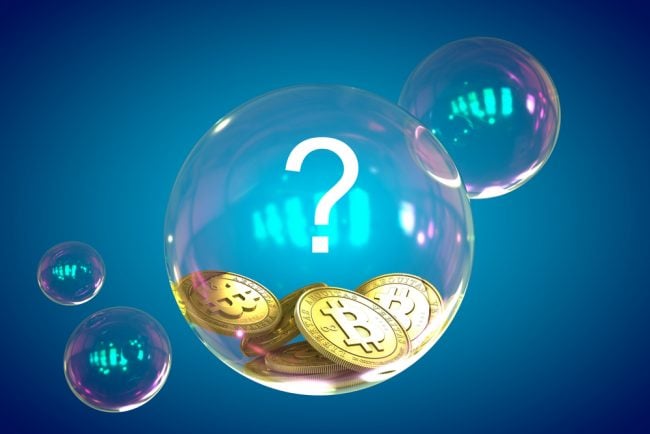 Bitcoin inside a bubble with a question mark.