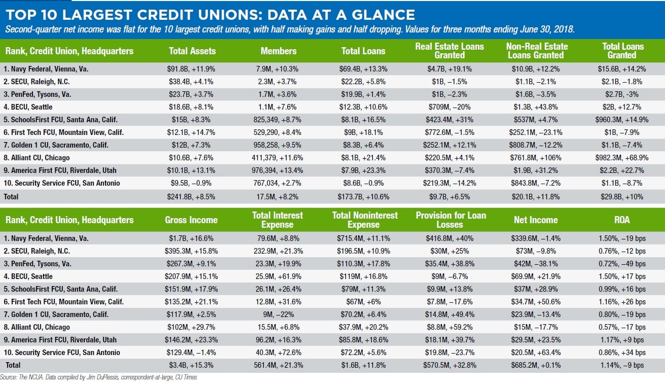 Top 10 Largest Credit Unions Data at a Glance