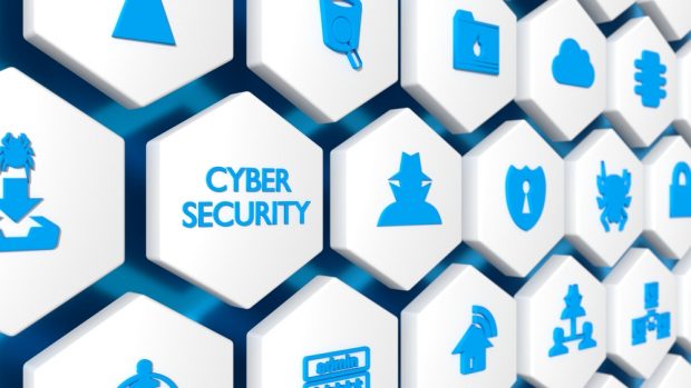 blue and white icons with the words cybersecurity