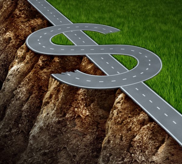 Road shaped as a dollar sign with half of the road on solid ground and the other half hanging over a cliff.