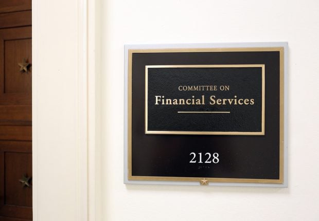 A sign at the entrance to a House Financial Services Committee room in Washington, DC.