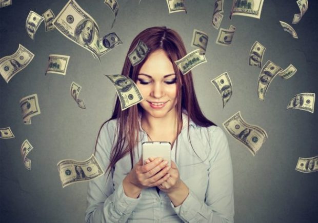 Woman on phone with money rain