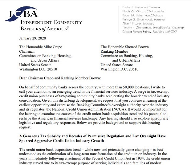 Front page of the ICBA letter to Congress.