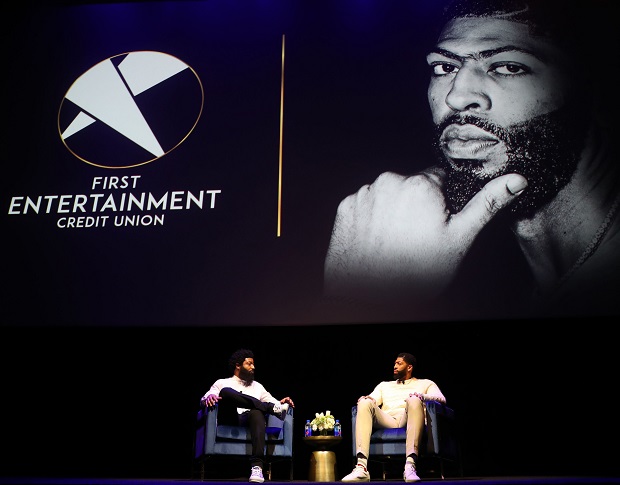 Los Angeles Lakers forward Anthony Davis talks on stage with First Entertainment Chief Marketing Officer Amondo Redmond about being the official brand ambassador for the credit union.