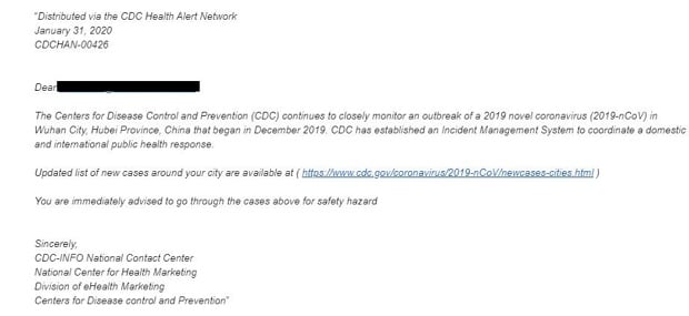 Coronavirus phishing email example.