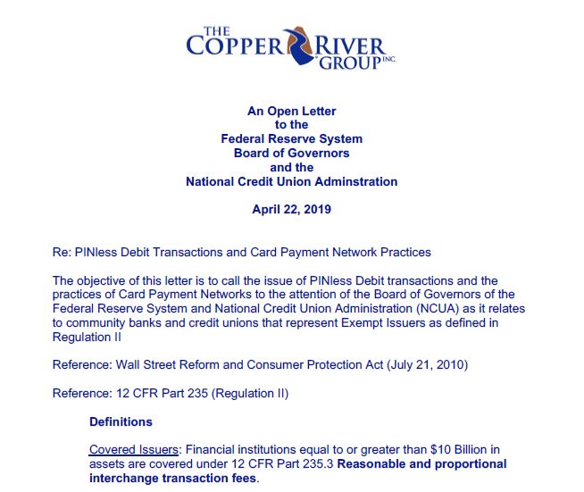 First page of letter sent by The Copper River Group to the NCUA and others. 