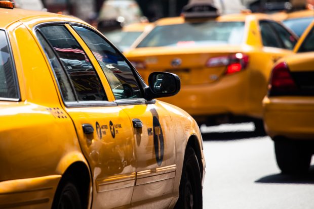 New York City taxis in traffic.