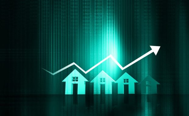 three drawings of houses with a green arrow going up to represent a profitable mortgage industry.