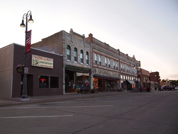 Local businesses in downtown Grinnell, Iowa.