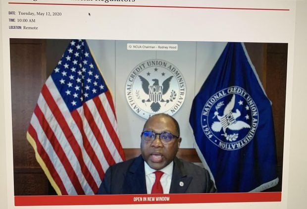 NCUA Chairman Rodney Hood during a virtual Senate Banking Committee hearing.