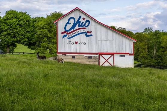 Barn in field with Ohio written on wall