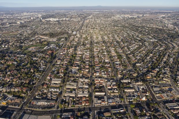 Aerial view of South Bay neighborhoods in Los Angeles County, Calif.