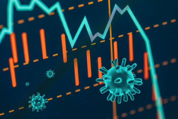 The coronavirus floating on top of downward economic charts.