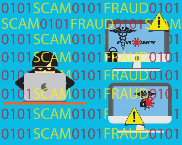 Online COVID-19 scams with a hacker behind a laptop