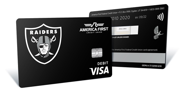 Design of the new Raiders VISA debit card from America First Credit Union.