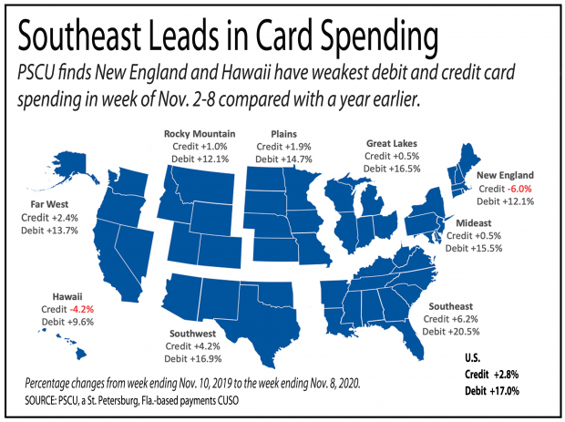 map of the U.S. showing trends of debit and credit card spending