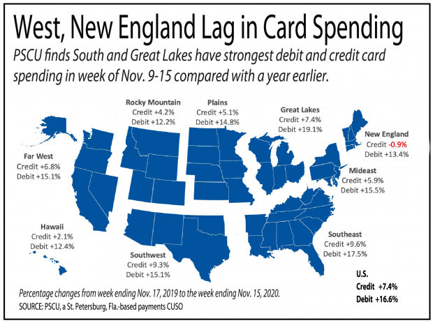 map of the U.S. showing trends of credit and debit card spending