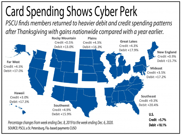 map of the U.S. showing heavy credit and debit card spending after Thanksgiving.