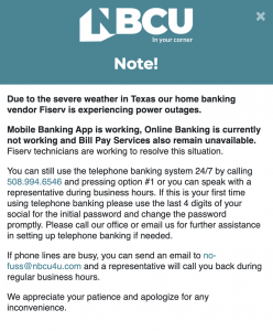 Pop-up window alerting NBCU members about the outage. 