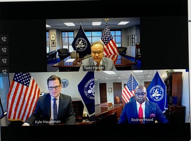 members of the NCUA Board on video for the virtual board meeting.