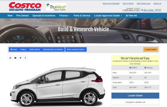 Screenshot of the Costco Auto Program website reached from TruWest Credit Union.