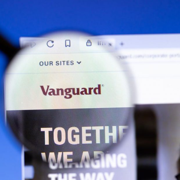 Vanguard website with a magnifying glass over it