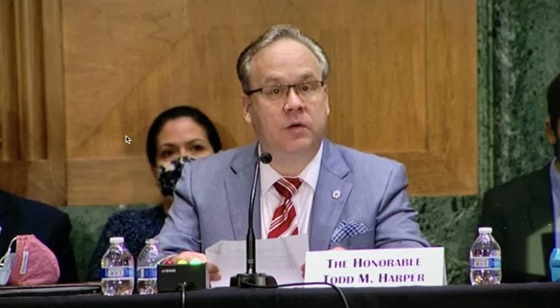 Todd Harper testifying before the Senate Banking Committee on Aug. 3, 2021.